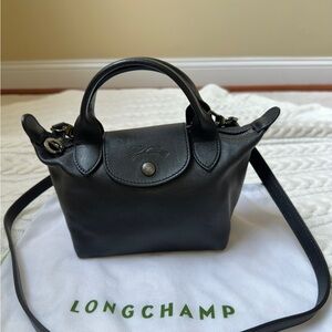 Longchamp Extra Small Le Pliage Xtra Leather Top Handle Bag, Lambskin, Black